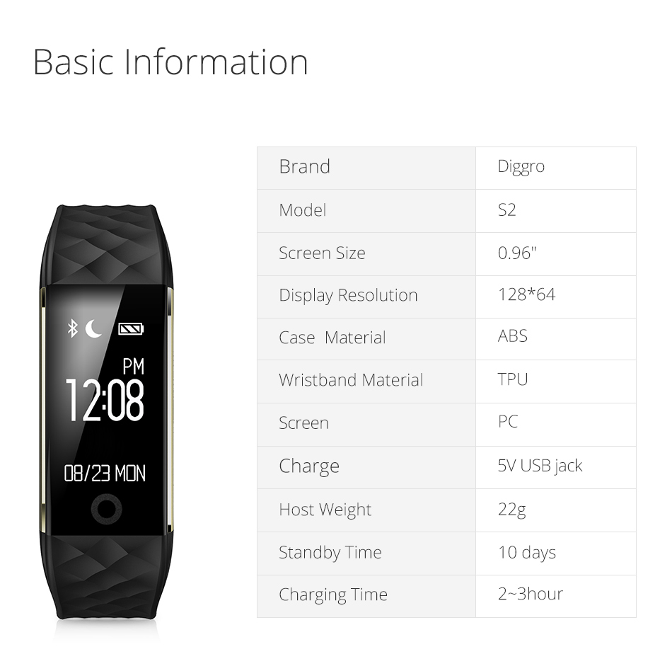 Diggro S2 Smart Band Bluetooth 4.0 Fitness Tracker Heart Rate Monitor ...